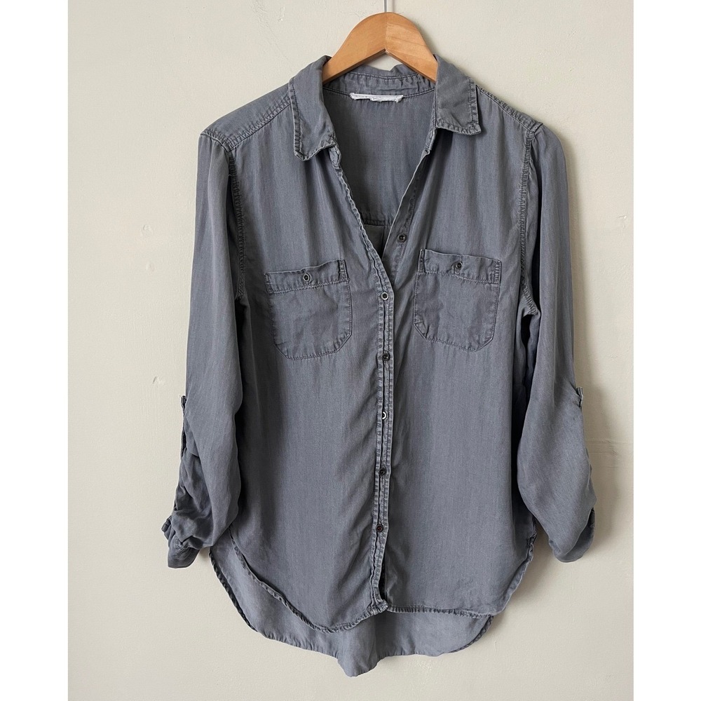 Jane + Delancey Grey Lyocell Button Down Shirt Roll Tab Sleeve Casual Top Medium